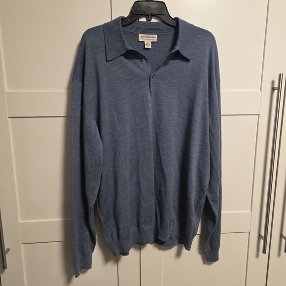 Pronto Uomo Polo Shirt Sweater Blue Long Sleeve Extra Fine Merino Wool Mens XXL - Picture 1 of 6